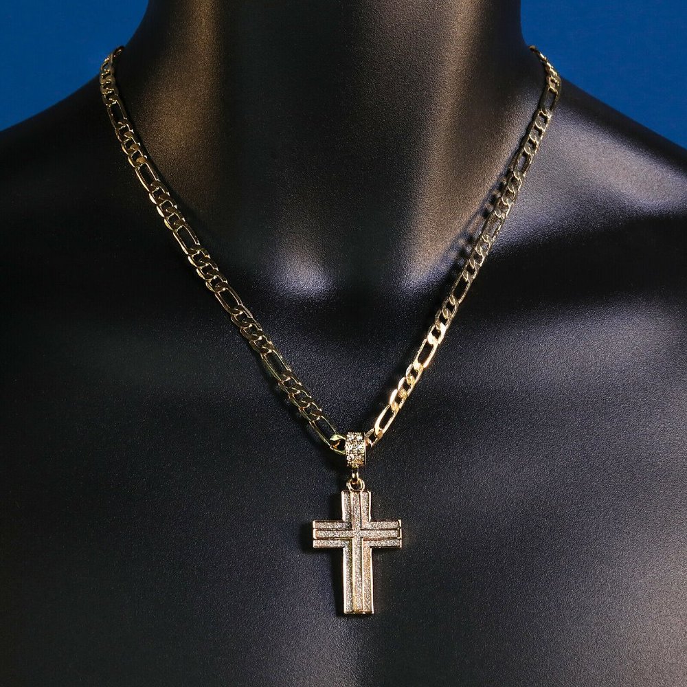 14k Cross Pendant Men's Figaro Necklace